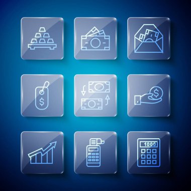 Finansal büyüme çizgisini belirleyin. Yazar kasa hesap makinası Zarfı dolar sembolü ile. Para değişimi fiyat etiketi altın külçeler ve El para ikonu veriyor. Vektör.