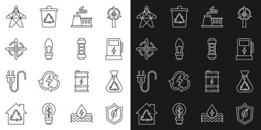 Çöp torbasıyla kalkanı ayarla elektrikli araba geri dönüşümü fabrika ampul rüzgar türbini kulesi ve pil ikonu. Vektör.