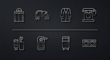 Diş fırçası, diş macunu, telefon, buzdolabı, dijital kapı kilidi duş başlığı, elektrik prizi ve bornoz ikonu ayarlayın. Vektör.