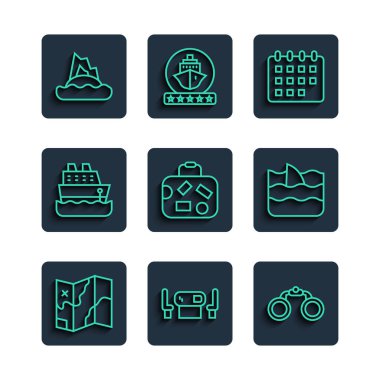 Çizgi çizgisi Katlanmış Harita Poker masası Dürbün Takvim Bavulu Seyahat gemisi Tropik ada okyanusu ve Köpekbalığı yüzgeci dalga ikonu. Vektör.