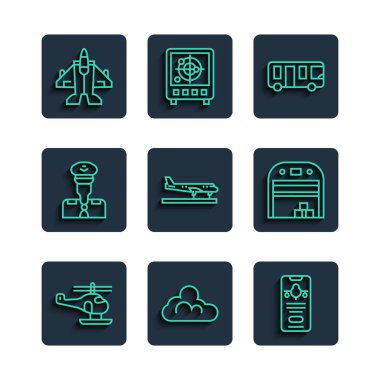 Helicopter Bulutlu Hava Durumu Mobil 'i uçak biletli havaalanı otobüsü Pilot savaş uçağı ve uçak hangar ikonu ile ayarlayın. Vektör.