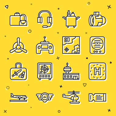 Hat Helicopter iniş pisti yiyecek uzaktan kumandalı uçak pervane valizi ve Dünya Seyahat Haritası ikonu için Trolley 'i ayarlayın. Vektör.