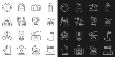 Bitiş çizgisinde şeridi ayarla Termos konteynır kablosu kablo araba buz hokeyi kalesi kar ayakkabısı yürüyüş sırt çantası hokey maskesi ve aksiyon kamera ikonu. Vektör.