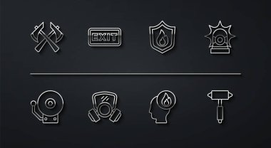 İtfaiyeci baltası alarm zili çalıyor. Siren gazı maskesi ve koruma kalkanı ikonu. Vektör.