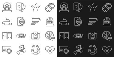 Bingo kartlı kumarhane fişleri kumar makinesinde Online poker masasında oynayan Joker 'in oynadığı piyango topu ve güvenlik kamerası ikonu. Vektör.