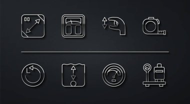 Yarıçap Rulet İnşaat Hız göstergesi Derinliği Ölçeği Bavul ve Ortalama Ölçüm ikonu ile Çapraz Ölçekleme Hattı ayarlayın. Vektör.