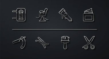 Hat, berber dükkanı direği, jilet kremi kozmetik kavanozu, tıraş fırçası, saç tokası, berber koltuğu, makas, kuaför ve elektrikli makas ikonu. Vektör.