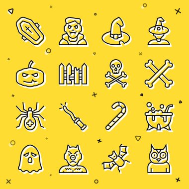 Baykuş kuşu cadılar bayramı cadılar bayramı cadılar bayramı kazanı çapraz kemikler cadı bahçesi çitleri ahşap kabak tabutu haçlı ve kafatası çapraz ikonu. Vektör.