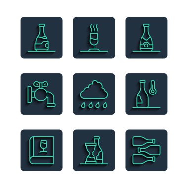 Şişe Şişe Şişe Şişe Şişe Bulutu, fıçı için yağmur musluğu ve şarap sıcaklığı ikonu. Vektör.