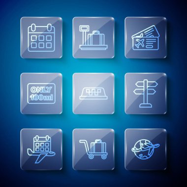 Takvim ve uçak bagaj Globe 'u ayarlayın. Uçak bileti, taksi bileti, araba çatısı sıvıları, trafik ışığı ikonu. Vektör.