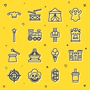 Su Kalesi gişesi gişesi gişesi gişesi sirk çadırı oyuncak tren sihirli Jester şapka çanları ve Cazibe atlıkarınca ikonu ile çizgi kurun. Vektör.