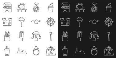 Sirk çadırı, sihirli değnek, tek tekerlekli bisiklet, lolipop kale bileti ve çan ikonlu soytarı şapkası. Vektör.