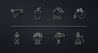 Hat Cannon Circus biletini ayarlayın klasik bisiklet sıcak hava balonu dönme dolap kağıt bardak su Striker çekiciyle ve sihirli ikon. Vektör.