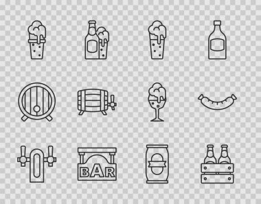 Bira fıçısı bira şişeleri, cam cadde tabelaları, tahta kutu ve sosis ikonu. Vektör.