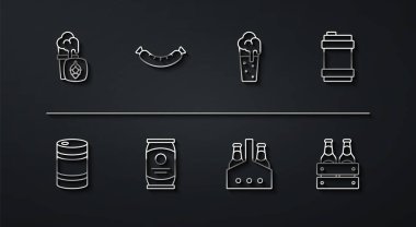 Bira bardağı, metal fıçı bira şişeleri, bira kutusu sosisi ve ikon. Vektör.
