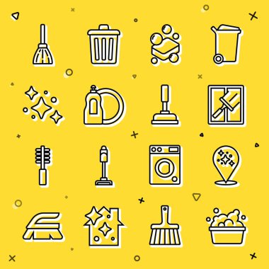 Pencere temizleyicisi için sabun köpüklü havuz temizleme servisi hazırla. Bulaşık deterjanı, süpürge sapı ve lavabo pompası simgesi. Vektör.