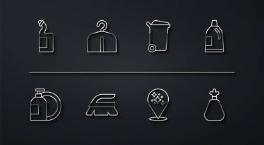 Temizlik ajansı için bulaşık deterjanı şişesi çöp torbası ve çöp kutusu ikonu. Vektör.