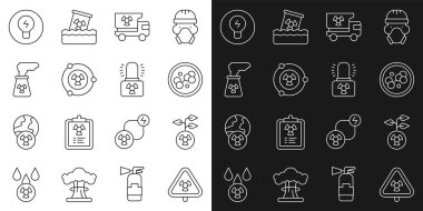 Radyasyon Radyoaktif Molekül Kamyonu malzemesi Nükleer Santrali Ampul Fikri ve Uyarı Lambası ikonu ile çizgi üçgeni oluşturun. Vektör.