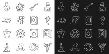 Sihirli değnek Tarot kartları tahta balta, süpürge parşömeni, ateş topu şişesi, iksir ve ikon. Vektör.