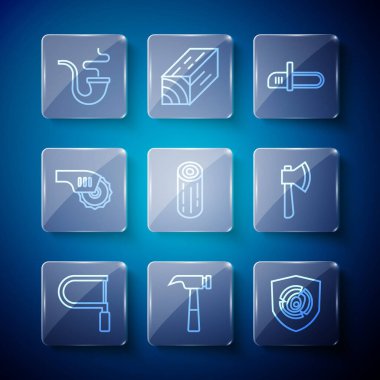 Demir Testere Testeresi Tahta Kütük Elektrikli Elektrikli Elektrikli Elektrikli, dairesel Sigara piposu ve balta ikonu. Vektör.