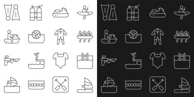 Yelken sörfü havuzu, merdiven kano kürek takımı spor Jet ski su topu yüzme ve dalış ikonu. Vektör.