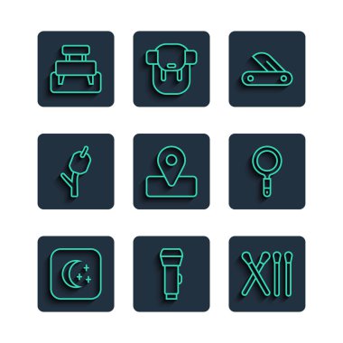 Set hattı Moon ve yıldız Fenerleri Marshmallow Bench kampı ve büyüteç ikonu için İsviçre çakısı konumu. Vektör.