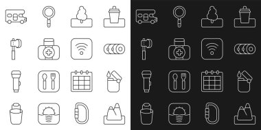 Line Mountains Lighter Blanket Roll Tree ilk yardım seti tahta baltalı karavan ve kablosuz internet ikonu. Vektör.