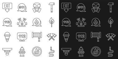 Yangın hortumu makara itfaiye baltası yakma kibritini yangın maskesi yangın söndürme musluğu acil durum çağrı ikonu ile ayarlayın. Vektör.