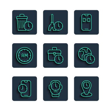 Alarm saatini, mobil saat saat saat saatini, çalışma saatini, sabah israfını ve dünya simgesini ayarla. Vektör.