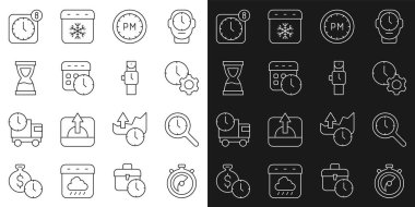 Kronometre büyüteçini saat yönetimi gündüz takvimi ve Eski Kum Saati uygulaması mobil ve bilek simgesi ile ayarla. Vektör.
