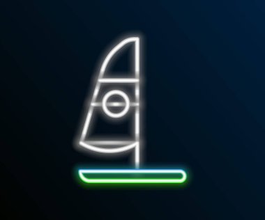 Parlayan neon hattı rüzgar sörfü simgesi siyah arkaplanda izole edildi. Renkli taslak konsepti. Vektör.