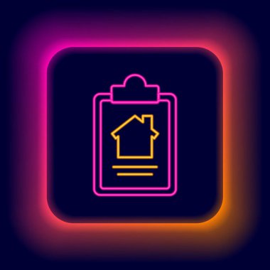 Parlayan neon çizgisi ev sözleşmesi ikonu siyah arka planda izole edildi. Sözleşme oluşturma hizmeti, belge oluşumu, başvuru formu bileşimi. Renkli taslak konsepti. Vektör.