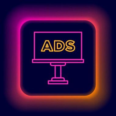 Parlayan neon hattı reklam simgesi siyah arkaplanda izole edildi. Pazarlama ve tanıtım süreci kavramı. İlgili reklamlar. Sosyal medya reklamcılığı. Renkli taslak konsepti. Vektör.