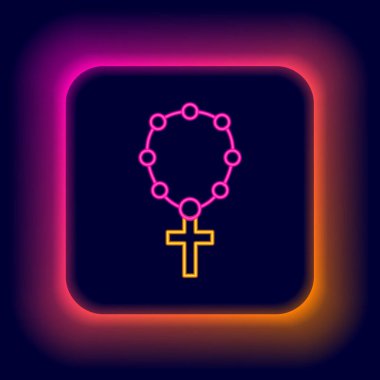 Parlayan neon hattı tespih, siyah arka planda izole edilmiş din ikonu. Renkli taslak konsepti. Vektör.