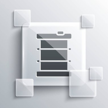 Fıçı simgesindeki gri radyoaktif atık gri arka planda izole edilmiş. Zehirli atık fıçısı. Radyoaktif atık emisyonları, çevre kirliliği. Kare cam paneller. Vektör.