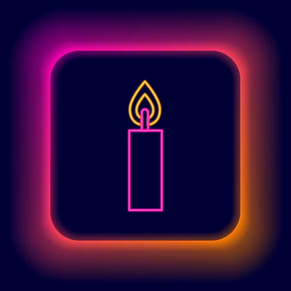 发光的霓虹灯线燃烧的蜡烛图标孤立在黑色的背景 圆柱形蜡烛与燃烧的火焰粘在一起 五彩缤纷的概念 — 图库矢量图片