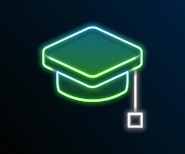 Gloeiende Neon Lijn Graduation Cap Pictogram Geïsoleerd Zwarte Achtergrond Afstudeerhoed — Stockvector