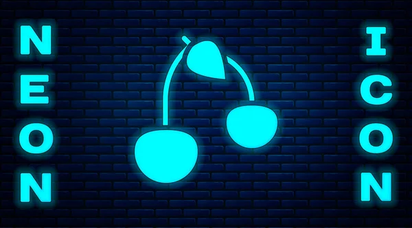 Leuchtende Neon Cherry Ikone Isoliert Auf Backsteinwand Hintergrund Obst Mit — Stockvektor