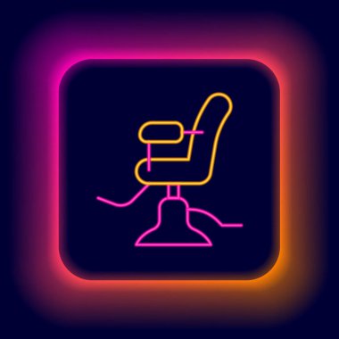 Parlayan neon hattı berber koltuğu simgesi siyah arka planda izole edildi. Berber koltuğu tabelası. Renkli taslak konsepti. Vektör