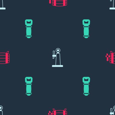 Tahta fıçıyı, bira fıçısını ve şişe açacağını kusursuz desene ayarlayın. Vektör