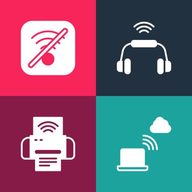 Pop Art Network bulut bağlantısını, Smart yazıcı sistemini, kulaklıkları ve kablosuz internet ikonunu ayarla. Vektör