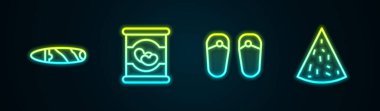 Cigar, Beans in Can, Flip flops ve Nachos 'u ayarla. Parlayan neon ikonu. Vektör