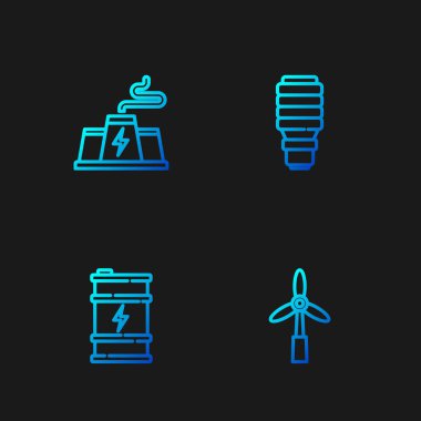 Rüzgar türbini, biyo yakıt varili, elektrik santrali fabrikası ve LED ampulü ayarlayın. Renk simgeleri. Vektör
