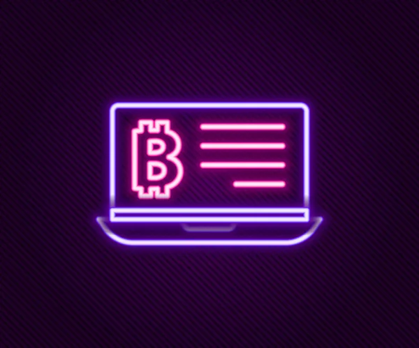 Glowing Neon Line Mining Bitcoin Laptop Icon Isolated Black Background — Stock Vector