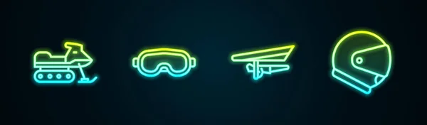Set Line Snowmobile Ski Goggles Hang Glider Helmet Glowing Neon — Stock Vector