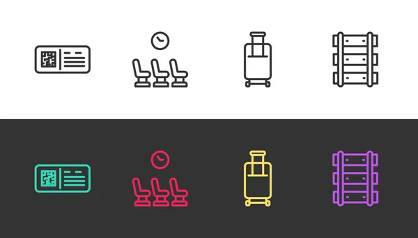 Setzen Sie Linie Code Fahrkarte Zug Wartesaal Koffer Und Bahn — Stockvektor