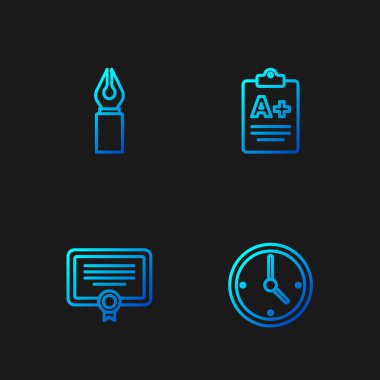 Satır saatini, sertifika şablonunu, dolmakalem ucunu ve sınav kağıdını A artı notla ayarla. Renk simgeleri. Vektör