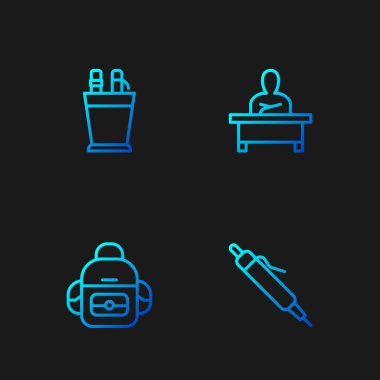 Kalem, okul çantası, kalem kutusu kırtasiyesi ve okul çocuğu oturma masası. Renk simgeleri. Vektör