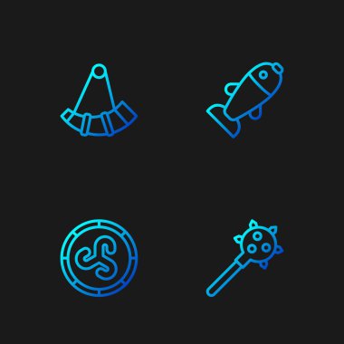 Dikenli göz yaşartıcı sprey, kalkan viking, av boynuzu ve balık. Renk simgeleri. Vektör