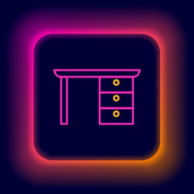 Parlayan neon hattı ofis masa simgesi siyah arkaplanda izole edildi. Renkli taslak konsepti. Vektör